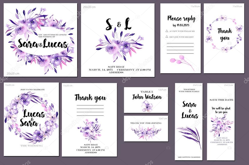 Card templates set with purple watercolor flowers and plants background; artistic design for business, wedding, anniversary invitation, flyers, brochures, table number, RSVP, Thank you card, Save the date card