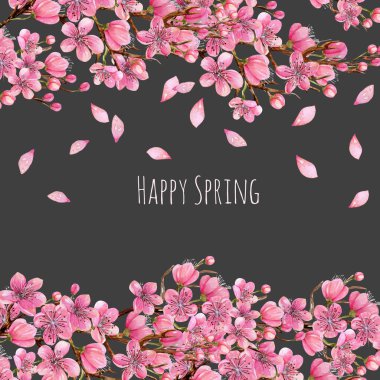 Karanlık bir arka plan üzerine suluboya bahar çiçek kiraz ağacı dalları kartı şablonu, arka plan, el tebrik boyalı