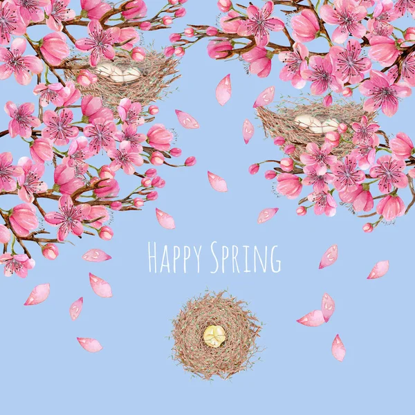 卡片模板与水彩春天绽放樱桃树分支和鸟巢 问候背景 手绘在蓝色背景上 — 图库照片