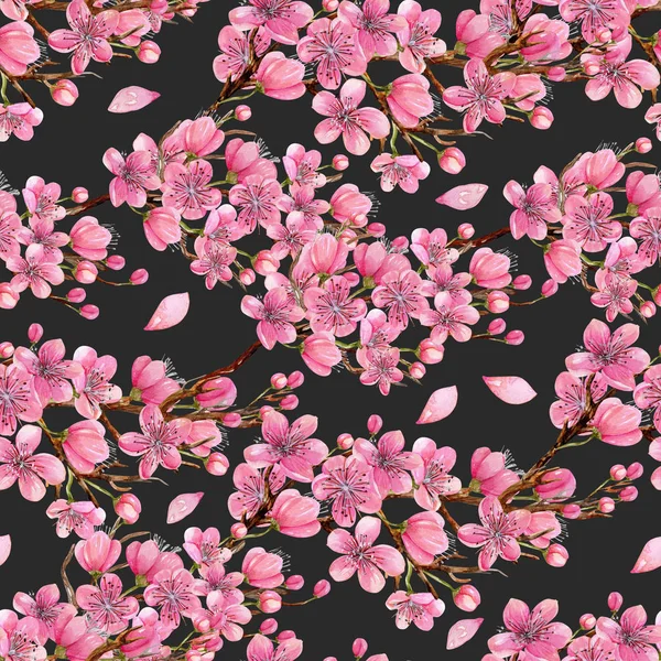 Watercolor Spring Blooming Cherry Tree Branches Seamless Pattern Hand Painted — Stock Photo, Image