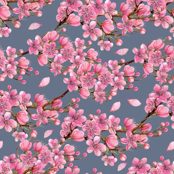 Aquarell Frühling Blühende Kirschbaumzweige Nahtloses Muster Handgemalt Auf Dunkelblauem Hintergrund — Stockfoto