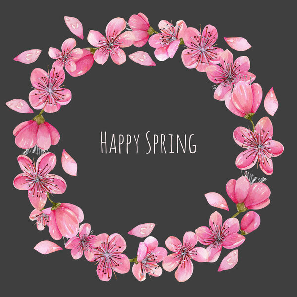 Watercolor spring blooming cherry tree flowers wreath, hand painted on a dark background