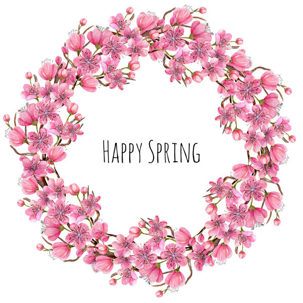 Watercolor spring blooming cherry tree branches wreath, hand painted on a white background