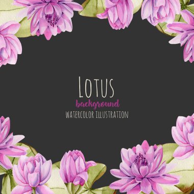 Karanlık bir arka plan üzerine suluboya pembe lotus kartı şablonu, tebrik kartı tasarımı, el boyalı