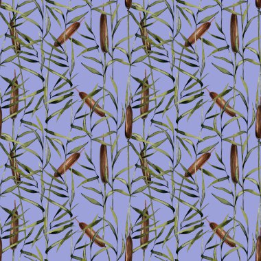 Sulu Boya bulrush seamless modeli, el boyalı mavi bir arka plan üzerinde