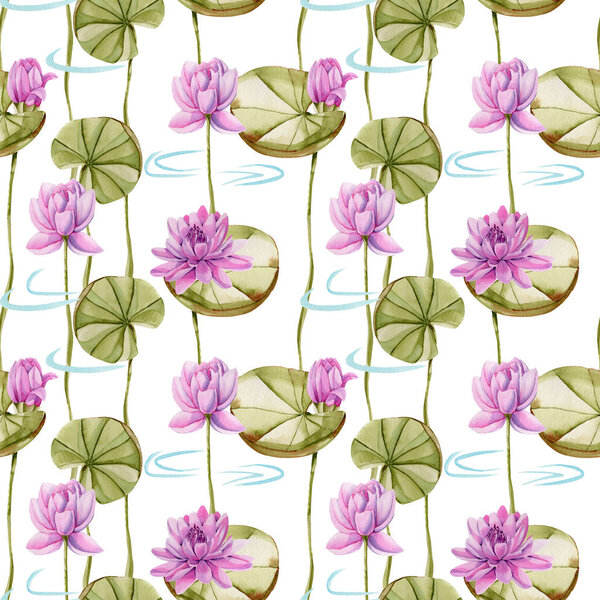 Watercolor pink lotus seamless pattern, hand painted on a white background