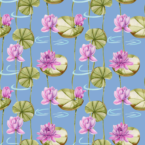 Watercolor pink lotus seamless pattern, hand painted on a blue background