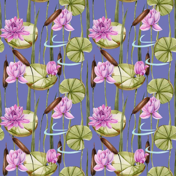 Aquarell Birke Und Rosa Lotus Nahtloses Muster Handgemalt Auf Blauem — Stockfoto