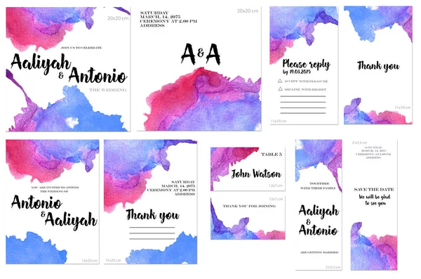 Card Templates Set Purple Blue Watercolor Splashes Background Artistic Design — Stock Photo, Image