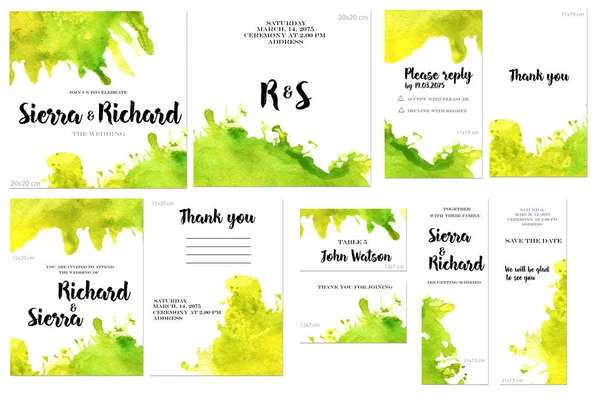 Kártya Sablonok Beállítása Zöld Sárga Akvarell Vízcseppek Háttér Művészi Design — Stock Fotó