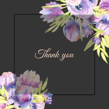 Suluboya mor peonies ve gül kartı şablonu, teşekkür ederim kartı tasarımı, karanlık bir arka plan üzerine boyalı el