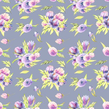 Suluboya mor peonies ve gül buketleri seamless modeli, el gri mavi bir arka plan üzerinde boyalı