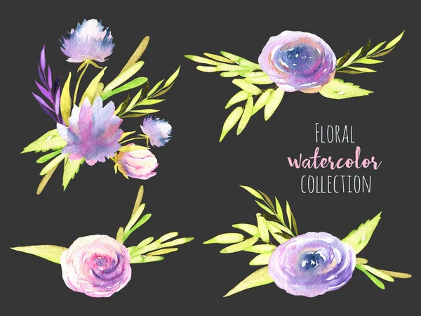 Watercolor Purple Roses Green Leaves Bouquets Set Hand Drawn Isolated — Stock Photo, Image