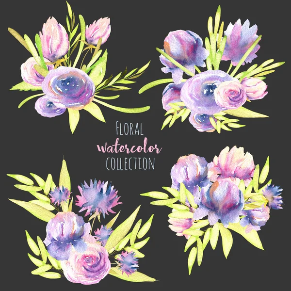 Watercolor Purple Pink Peonies Roses Asters Bouquets Set Hand Drawn — Stock Photo, Image
