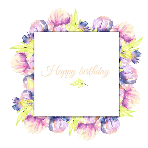 Watercolor pink and purple peonies frame, hand painted on a white background, Happy Birthday card design