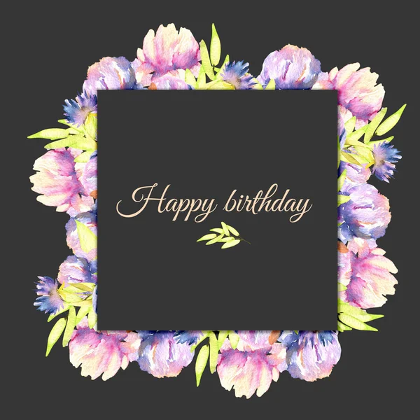 Watercolor pink and purple peonies frame, hand painted on a dark background, Happy Birthday card design