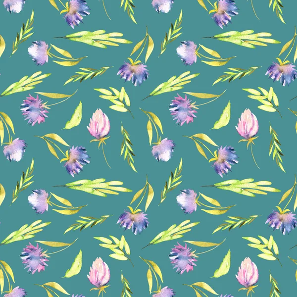 Watercolor Purple Asters Green Leaves Seamless Pattern Hand Painted Dark — Stock Photo, Image