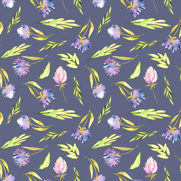 Watercolor Purple Asters Green Leaves Seamless Pattern Hand Painted Blue — Stock Photo, Image