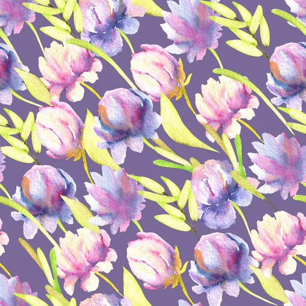 Watercolor Pink Purple Peonies Green Leaves Seamless Pattern Hand Painted — Stock Photo, Image