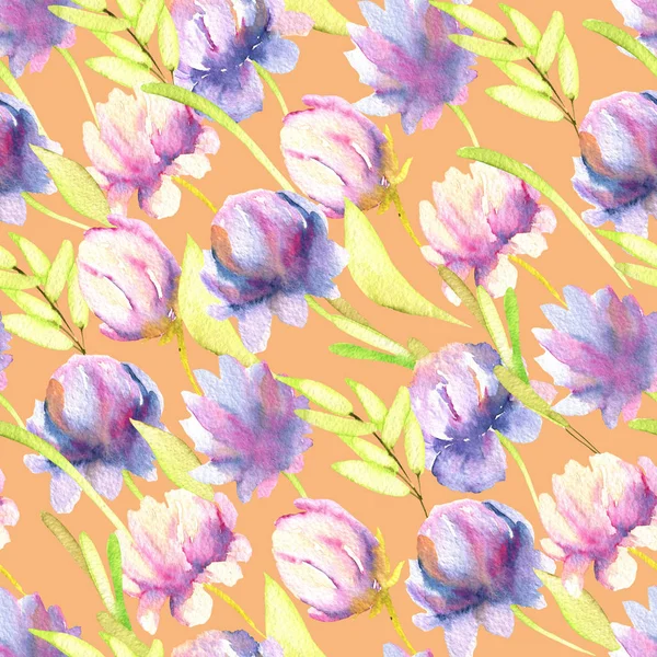 Watercolor Pink Purple Peonies Green Leaves Seamless Pattern Hand Painted — Stock Photo, Image