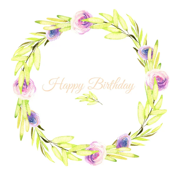 Watercolor pink and purple roses and green branches wreath, greeting card template, hand painted on a white background, Happy Birthday card design
