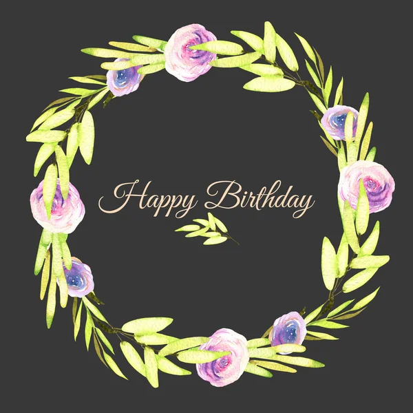 Watercolor pink and purple roses and green branches wreath, greeting card template, hand painted on a dark background, Happy Birthday card design