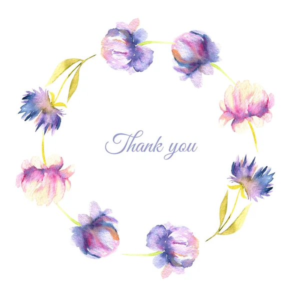水彩粉红色和紫色牡丹和紫苑花圈 贺卡模板 手绘白色背景 感谢您卡设计 — 图库照片