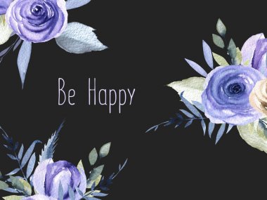 Suluboya Mavi gül ve tertibatları kart şablonu, tebrik kartı tasarımı, karanlık bir arka plan üzerine boyalı el