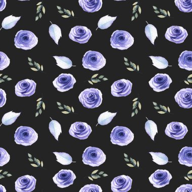 Karanlık bir arka plan üzerine suluboya Mavi gül, yapraklar ve dallar seamless modeli, el boyalı