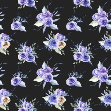Suluboya Mavi gül buketleri seamless modeli, el boyalı karanlık bir arka plan üzerinde