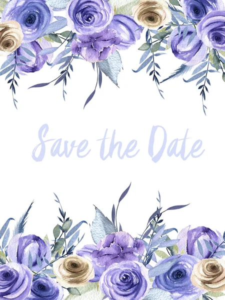 Watercolor blue and brown roses and plants card template, Save the Date card design, hand painted on a white background