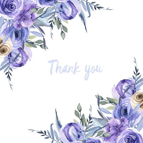 Watercolor Blue Roses Plants Card Template Thank You Card Design — Stock Photo, Image