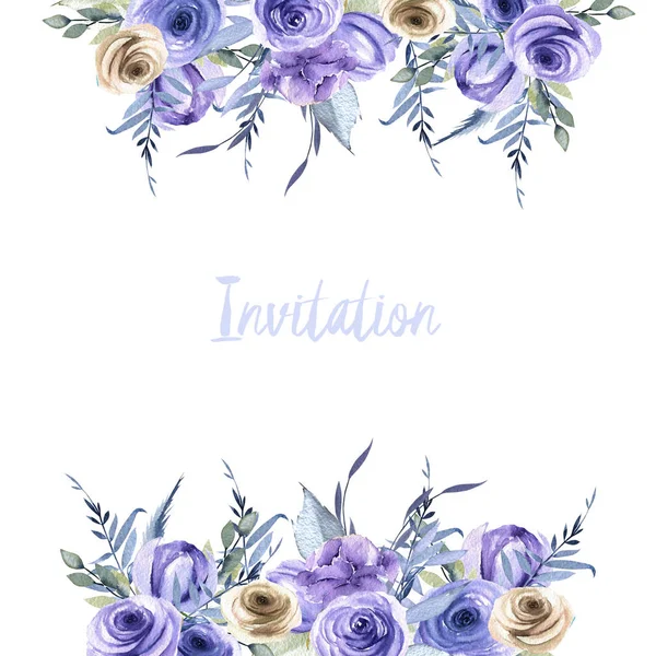 Watercolor blue and brown roses and plants card template, Invitation card design, hand painted on a white background