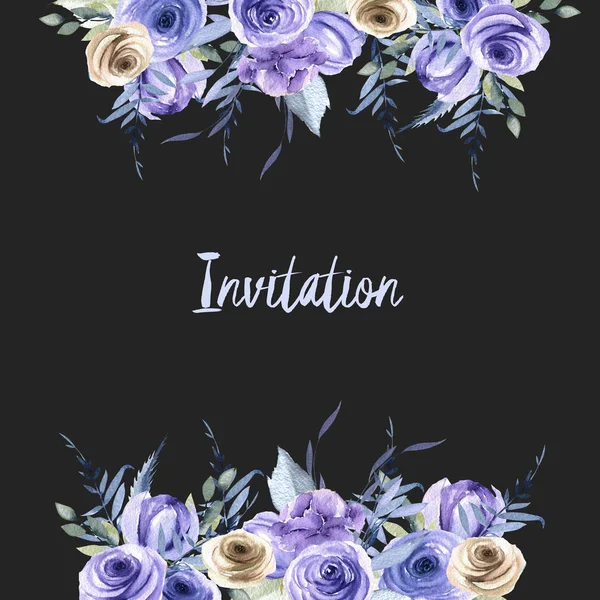 水彩画青と茶色のバラや植物カード テンプレート 招待状カードのデザイン 手描きの暗い背景に — ストック写真