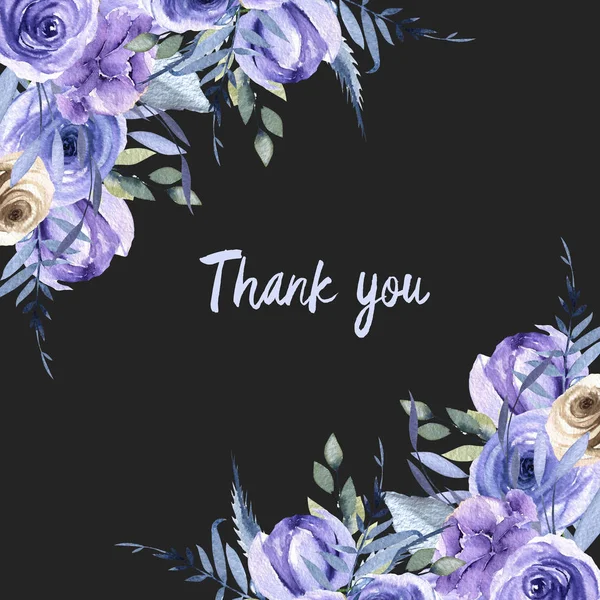 Watercolor Blue Roses Plants Card Template Thank You Card Design — Stock Photo, Image