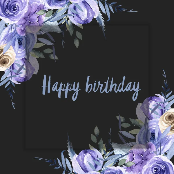 Watercolor blue roses and plants card template, Happy birthday card design, hand painted on a dark background