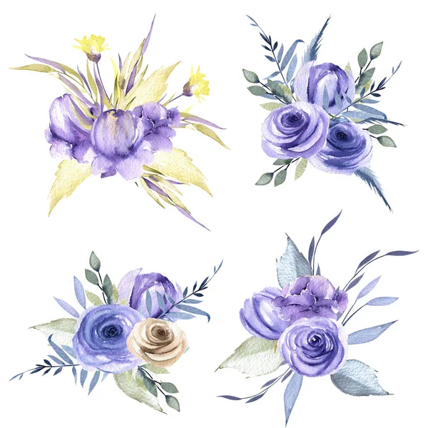 Watercolor blue roses and plants bouquets set, hand drawn isolated on a white background