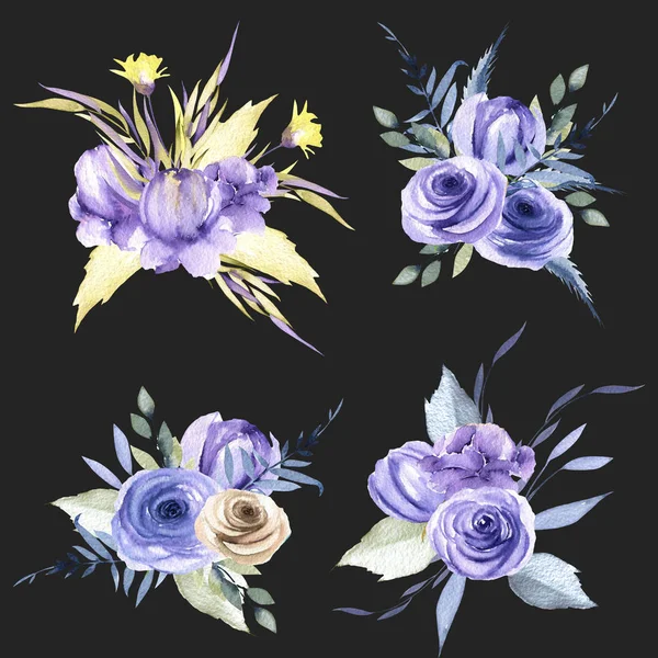 Watercolor blue roses and plants bouquets set, hand drawn isolated on a dark background