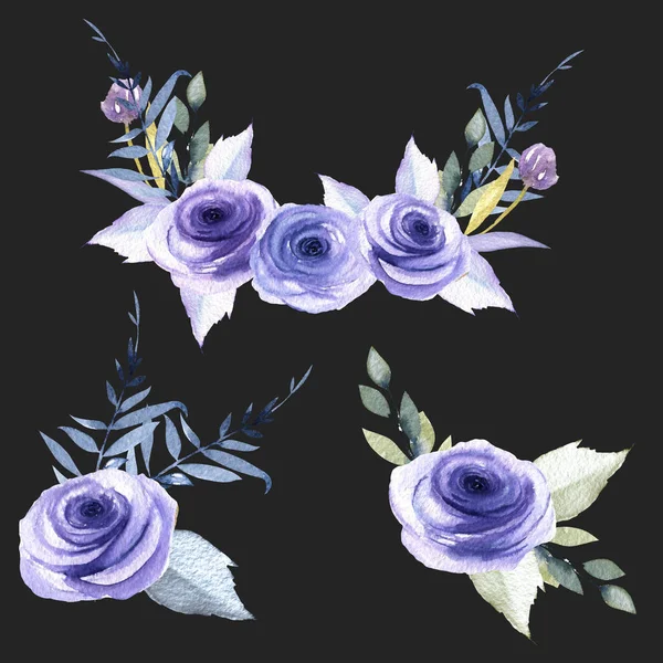 Watercolor blue roses and plants bouquets set, hand drawn isolated on a dark background