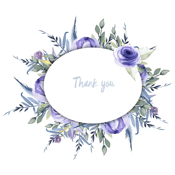 水彩蓝色玫瑰和树枝椭圆形框边框 手绘白色背景 感谢您卡设计 — 图库照片