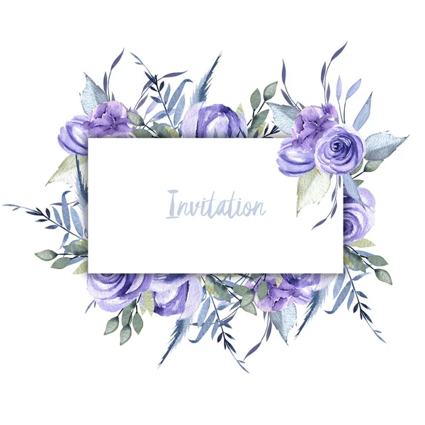Watercolor Blue Roses Branches Frame Border Hand Painted White Background — Stock Photo, Image