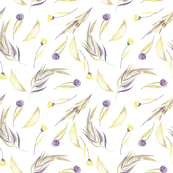 白地に描かれた水彩画紫と黄色シンプルな花 葉と枝のシームレスなパターン — ストック写真