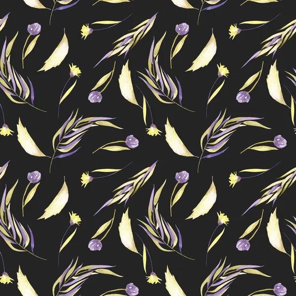 Acuarela Púrpura Amarillo Flores Simples Hojas Ramas Patrón Sin Costura — Foto de Stock