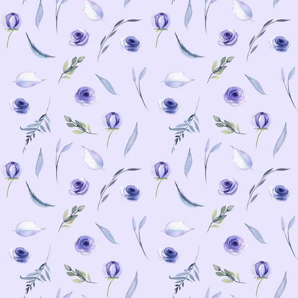 水彩青いバラの花葉や枝シームレス パターン 青の背景に描かれた手 — ストック写真