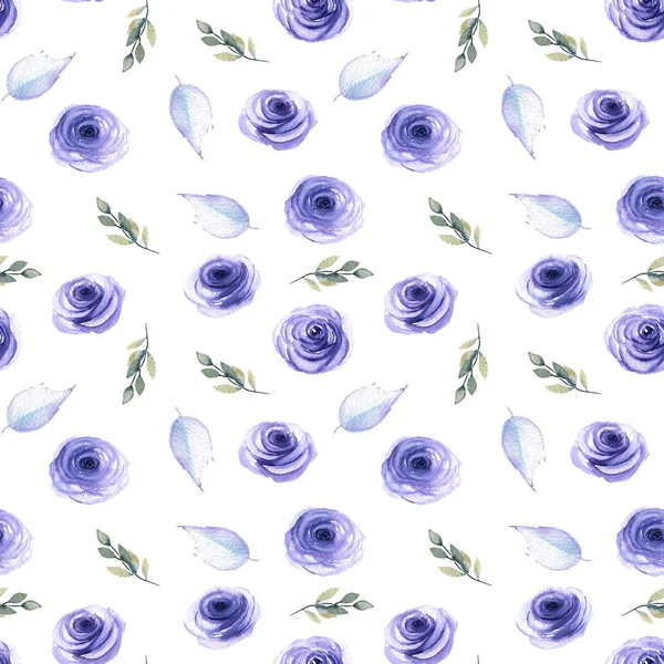 Watercolor Blue Roses Leaves Branches Seamless Pattern Hand Painted White — Stock Photo, Image