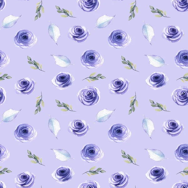 Watercolor Blue Roses Leaves Branches Seamless Pattern Hand Painted Blue — Stock Photo, Image