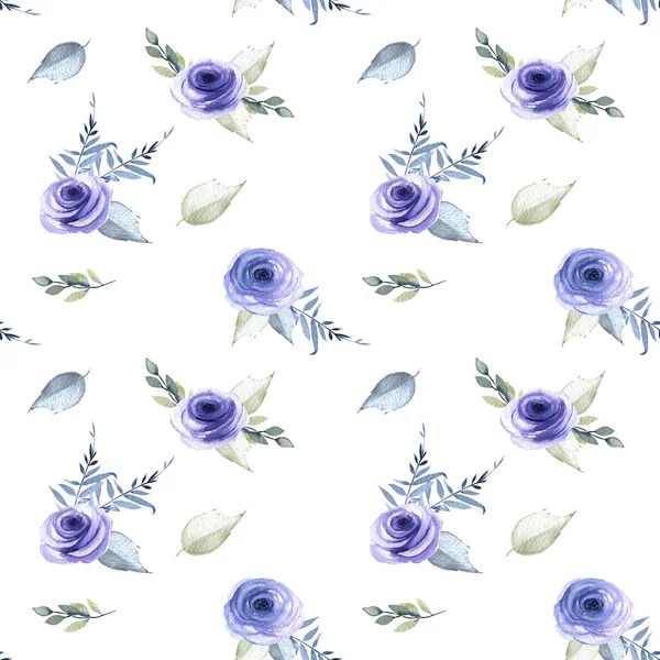 Aquarell Blaue Rosen Blätter Und Zweige Nahtloses Muster Handgemalt Auf — Stockfoto