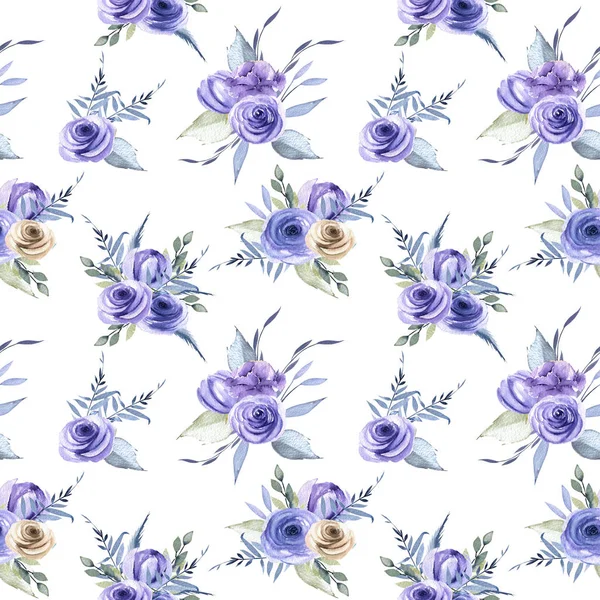 Watercolor Blue Roses Bouquets Seamless Pattern Hand Painted White Background — Stock Photo, Image