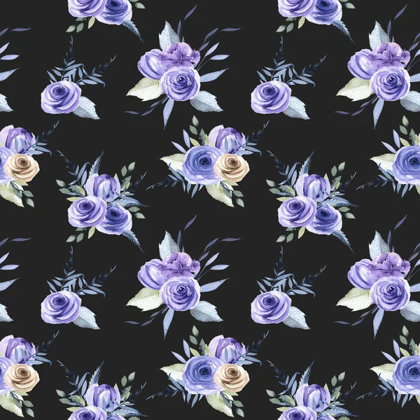 Watercolor Blue Roses Bouquets Seamless Pattern Hand Painted Dark Background — Stock Photo, Image