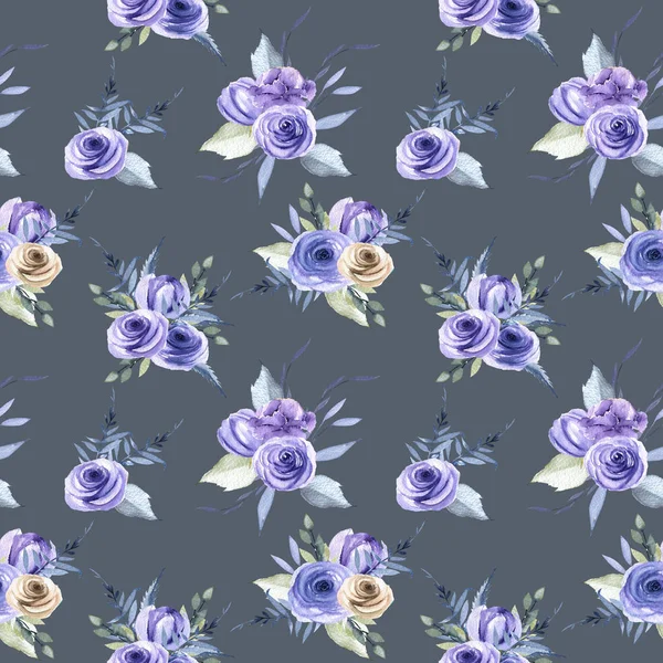 水彩の青いバラの花束のシームレスなパターン 暗い青色の背景に描かれた手 — ストック写真